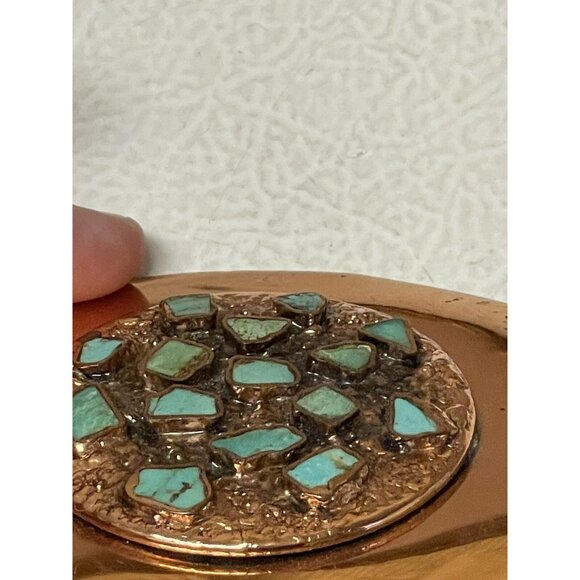 Vintage Belt Buckle Solid Copper Turquoise Inlay Nickel Silver Bell - Picture 7 of 16